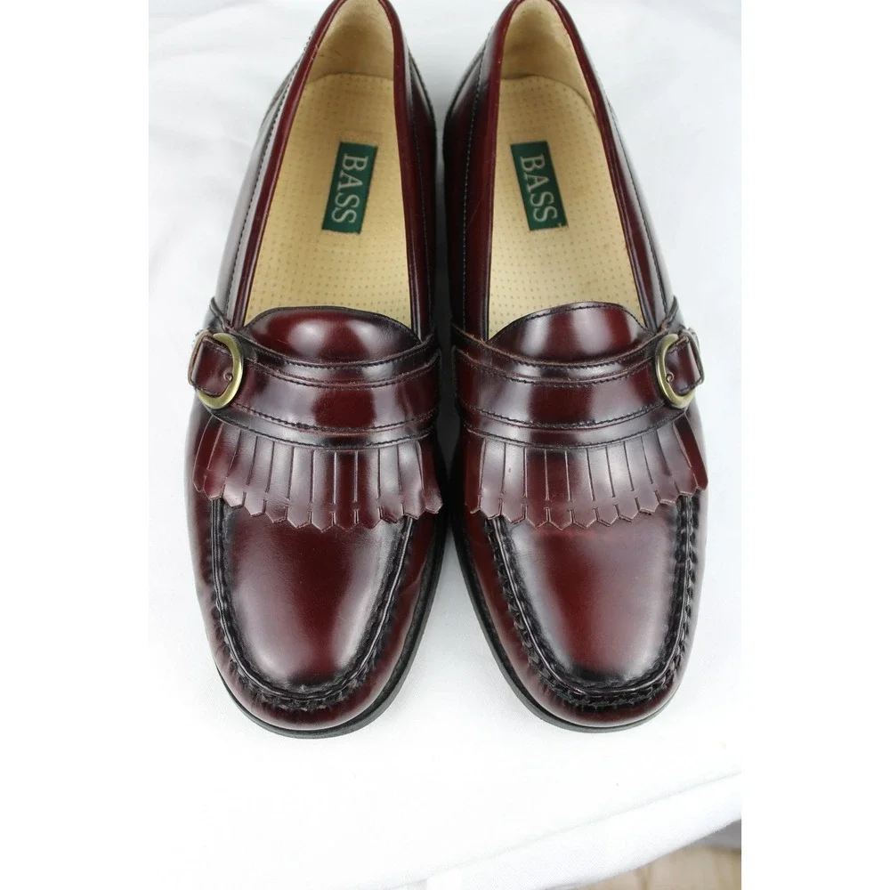 Bass Mens Burgundy Leather Kiltie Loafers Buckle Fringe SlipOn Dress Shoes 11.5M